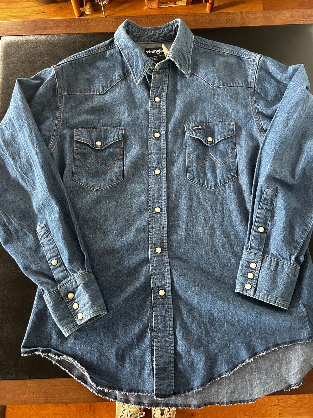 Wrangler Cowboy Cut Denim Western Work Shirt, Pearl Snaps, Raw Hem